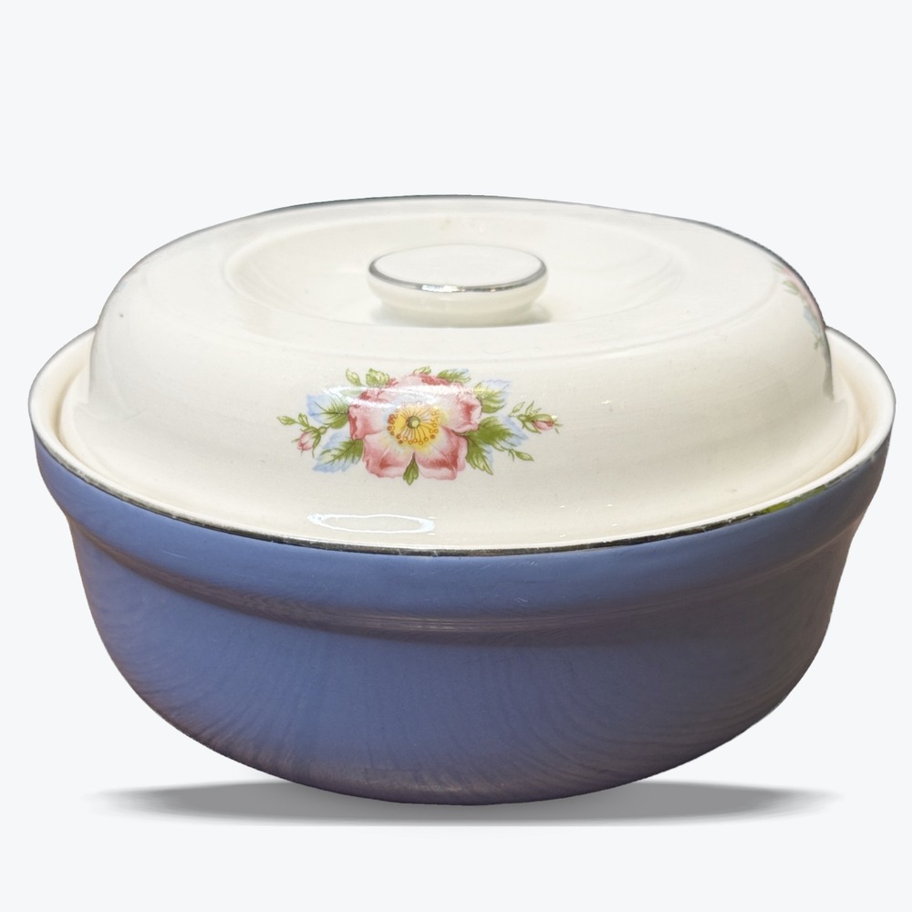 Vtg Halls Superior Casserole Dish & Lid Rose Parade Royal 1950s Blue China 2qt